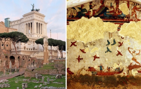 Foro di Cesare a Roma Tomba Etrusca della Caccia e della Pesca a Tarquinia
