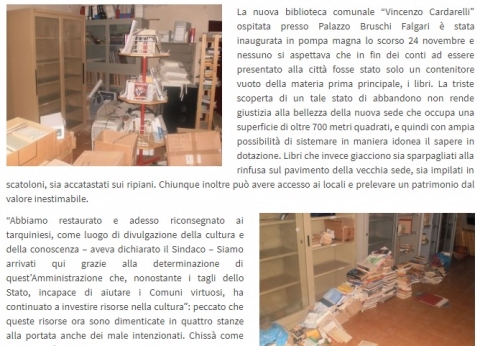 Particolare del reportage pubblicato da L'Extra il 6 febbraio 2013 si l'abbandono di libri nella vecchia sede della Biblioteca Comunale di Tarquinia